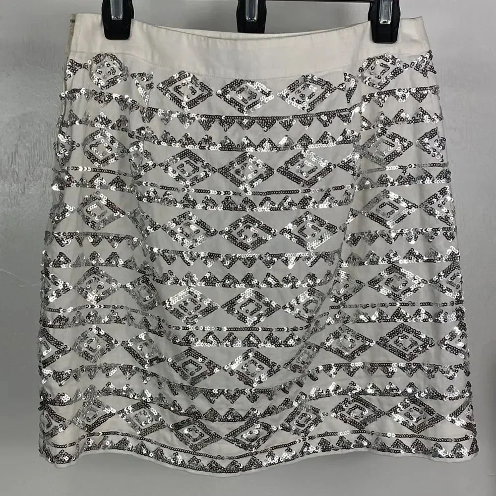 Banana Republic Geo Pattern Silver Sequin Beaded Mini Skirt